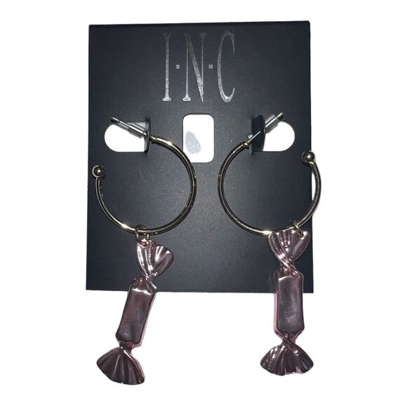 INC International Concepts Gold-Tone Pink Candy Charm C-Hoop Earrings New - Picture 3 of 4